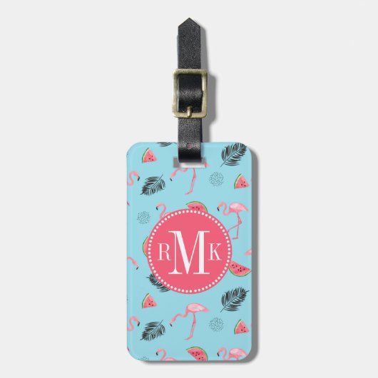 Trendy Tropical Flamingo & Watermelon Pattern Bagagelabel (Voorkant verticaal)