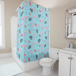 Trendy Tropical Flamingo & Watermelon Pattern Douchegordijn