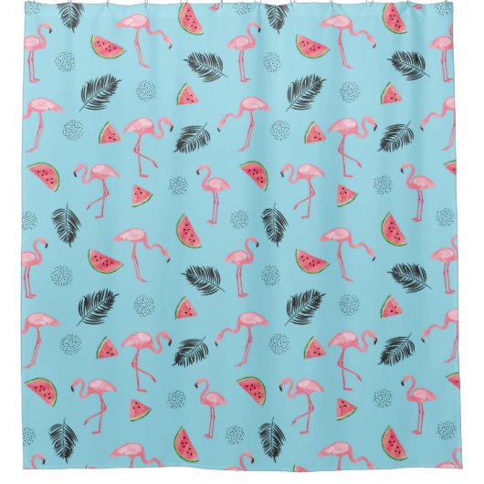 Trendy Tropical Flamingo & Watermelon Pattern Douchegordijn (Voorkant)