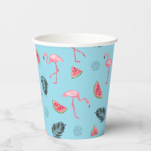 Trendy Tropical Flamingo & Watermelon Pattern Papieren Bekers (Voorkant)
