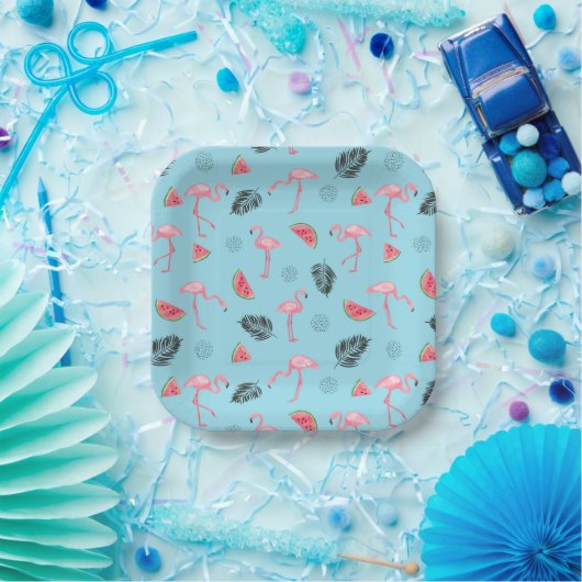 Trendy Tropical Flamingo & Watermelon Pattern Papieren Bordje (Feest)