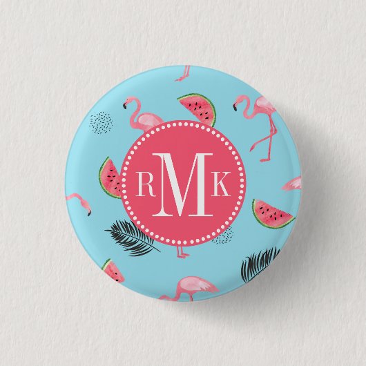 Trendy Tropical Flamingo & Watermelon Pattern Ronde Button 3,2 Cm (Voorkant)