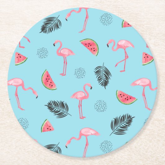 Trendy Tropical Flamingo & Watermelon Pattern Ronde Kartonnen Onderzetter (Voorkant)
