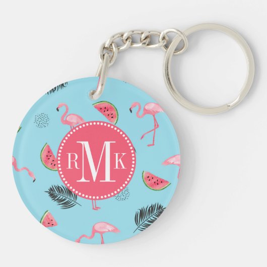 Trendy Tropical Flamingo & Watermelon Pattern Sleutelhanger (Achterkant)