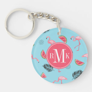 Trendy Tropical Flamingo & Watermelon Pattern Sleutelhanger