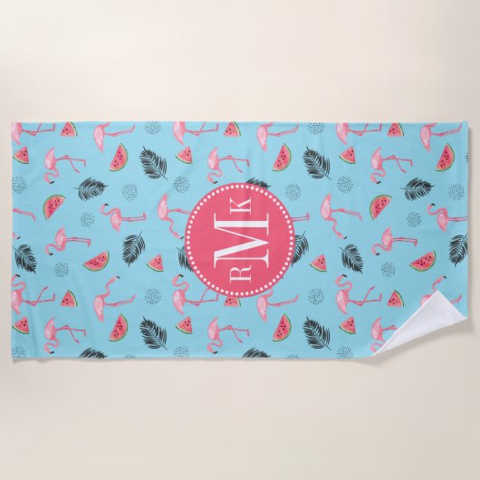 Trendy Tropical Flamingo & Watermelon Pattern Strandlaken (Voorkant)