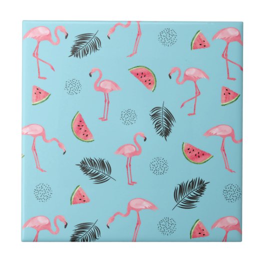 Trendy Tropical Flamingo & Watermelon Pattern Tegeltje (Voorkant)