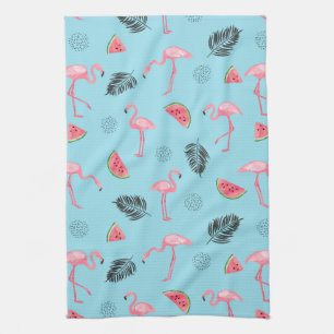 Trendy Tropical Flamingo & Watermelon Pattern Theedoek