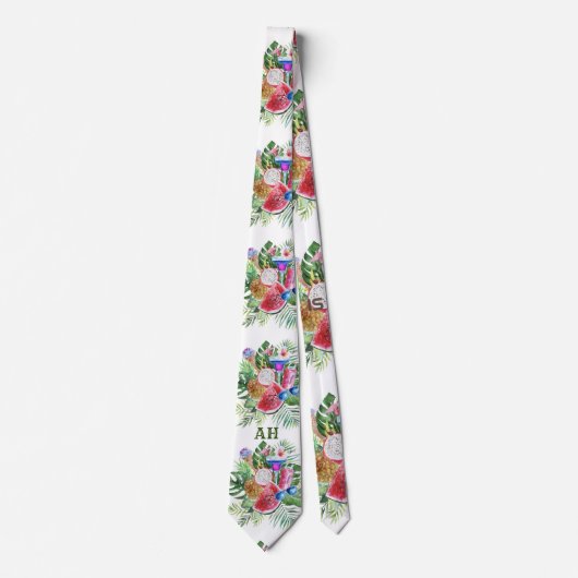 Trendy Tropical Floral Fruits Beverage Monogram Stropdas (Voorkant)