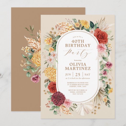 Trendy Tropical Flowers Rustic Pampas Birthday Kaart (Voorkant / Achterkant)