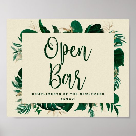 Trendy Tropical Open Bar Wedding Reception Sign Poster (Voorkant)