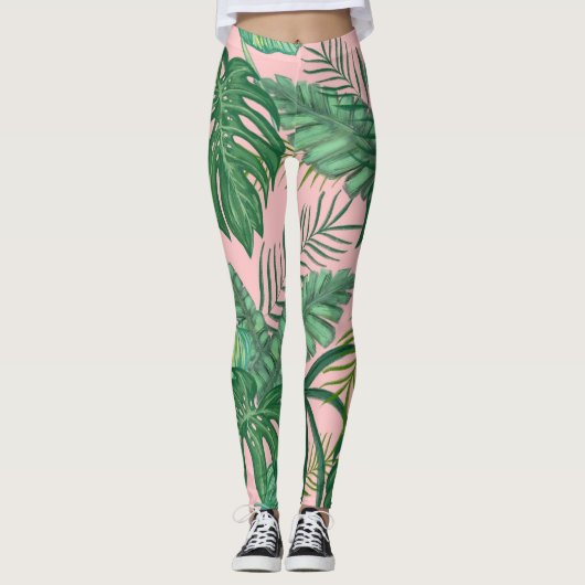Trendy Tropical Palm Leaves Patroonroze Leggings (Voorkant)