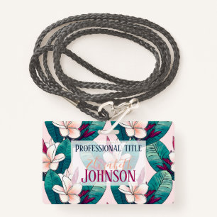 Trendy Tropical Plumeria Flowers Green Foliage Badge