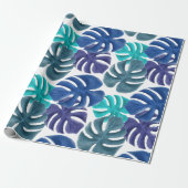 Trendy Tropical Royal Blue & Aqua Monstera Leaves Cadeaupapier (Uitgerold)