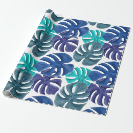 Trendy Tropical Royal Blue & Aqua Monstera Leaves Cadeaupapier