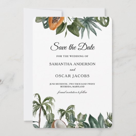Trendy Tropical Waterverf Green Leaves Save The Date (Voorkant)