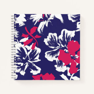 Trendy Tropisch Abstract Blauw Rood Bloemmotief Notitieboek