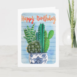 Trendy tropisch groen en blauwe Cactus Birthday Kaart