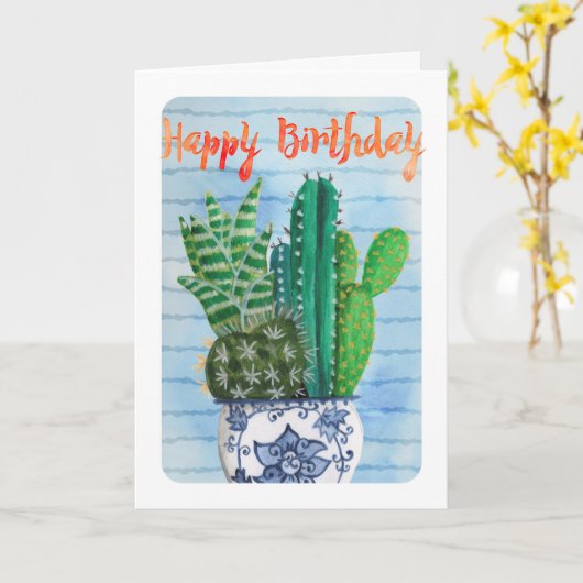 Trendy tropisch groen en blauwe Cactus Birthday Kaart (Gele Bloem)