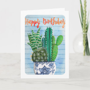 Trendy tropisch groen en blauwe Cactus Birthday Kaart