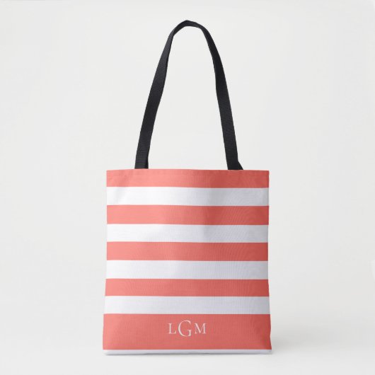 Trendy Tropisch Koraal Streeppatroon Monogram Tote Bag (Voorkant)