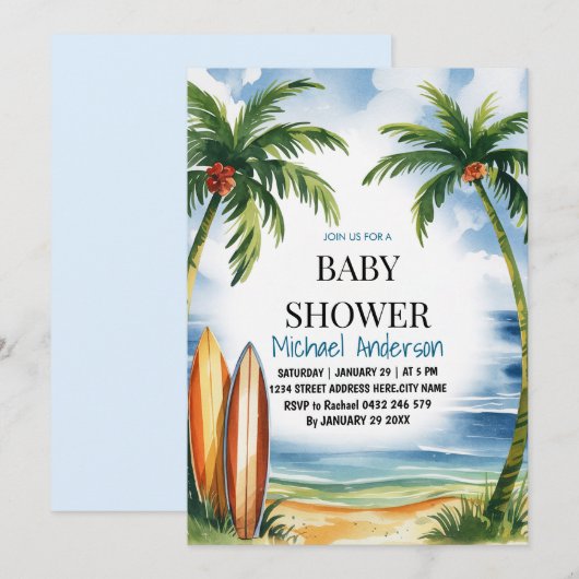 Trendy tropisch Zomersurfen Strand Baby shower Kaart (Voorkant / Achterkant)
