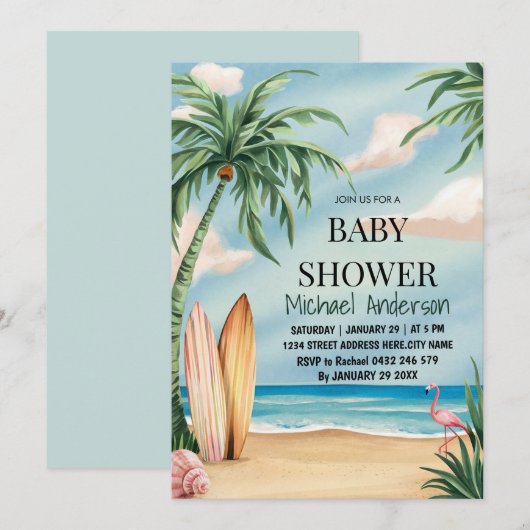 Trendy tropisch Zomersurfen Strand Baby shower Kaart (Voorkant / Achterkant)