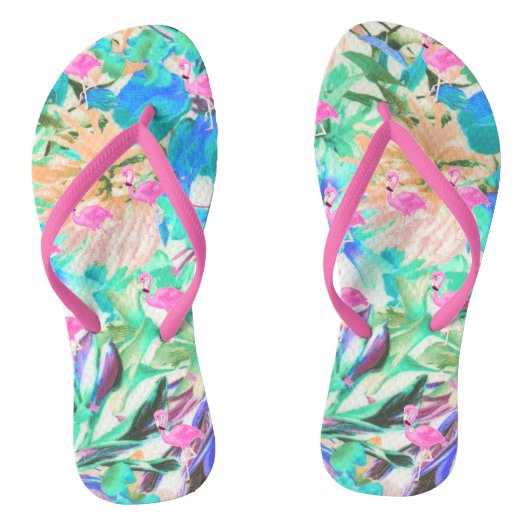 Trendy tropische blauwgroen roze flamingo teenslippers (Voetbed)