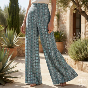 Trendy turquoise blauw en zwart geometrisch mozaïe stof