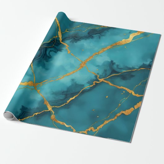 Trendy turquoise blauw goud marmer Collectie Cadeaupapier (Uitgerold)
