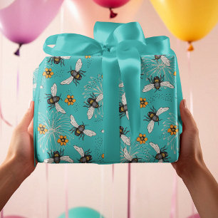 Trendy Turquoise Buzzing Lente & Zomer Honingbij Cadeaupapier