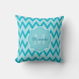 Trendy Turquoise Chevron Zigzag Name en Monogram Kussen