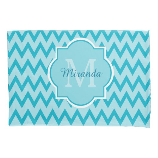 Trendy Turquoise Chevron Zigzag Name en Monogram Kussensloop (Voorkant)