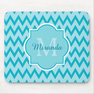 Trendy Turquoise Chevron Zigzag Name en Monogram Muismat