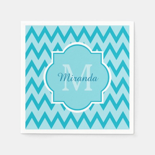 Trendy Turquoise Chevron Zigzag Name en Monogram Servetten (Voorkant)