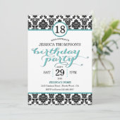 Trendy Turquoise Damask Birthday Party Kaart (Staand voorkant)