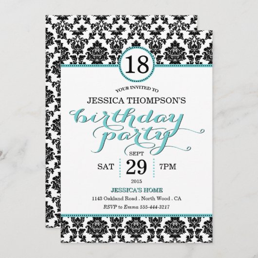 Trendy Turquoise Damask Birthday Party Kaart (Voorkant / Achterkant)