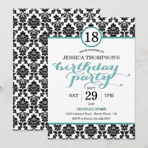Trendy Turquoise Damask Birthday Party Kaart