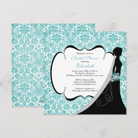 Trendy Turquoise Damask Bride Vrijgezellenfeest In Kaart (Voorkant / Achterkant)