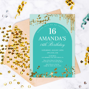 Trendy Turquoise en Gouden Glitter Drip Verjaardag Kaart