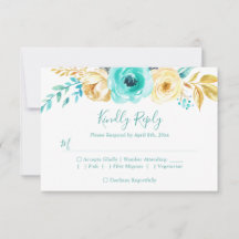 Trendy Turquoise Gold Floral Wedding RSVP Antwoord