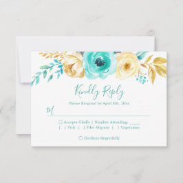 Trendy Turquoise Gold Floral Wedding RSVP Antwoord