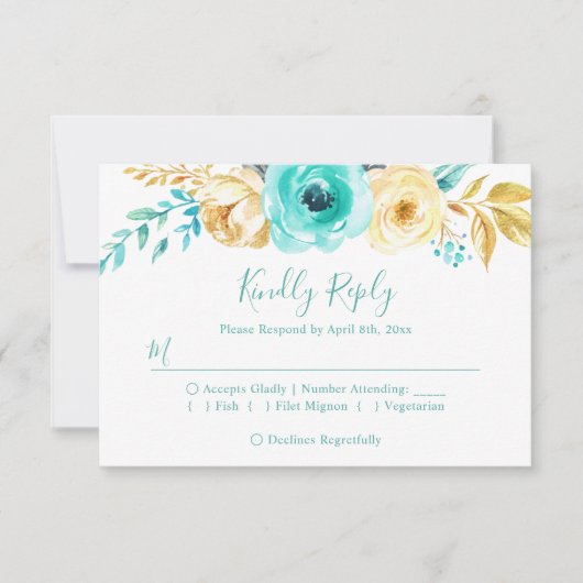 Trendy Turquoise Gold Floral Wedding RSVP Antwoord (Voorkant)
