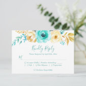 Trendy Turquoise Gold Floral Wedding RSVP Antwoord (Staand voorkant)