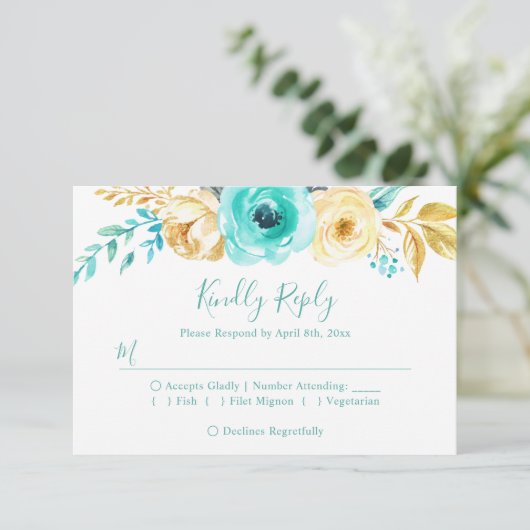 Trendy Turquoise Gold Floral Wedding RSVP Antwoord (Staand voorkant)