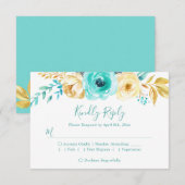 Trendy Turquoise Gold Floral Wedding RSVP Antwoord (Voorkant / Achterkant)