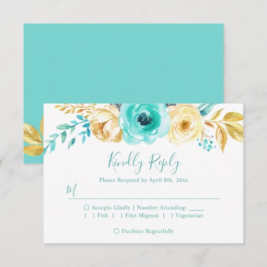 Trendy Turquoise Gold Floral Wedding RSVP Antwoord (Voorkant / Achterkant)
