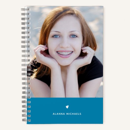 Trendy Turquoise Heart en Foto met naam Notitieboek (Voorkant)