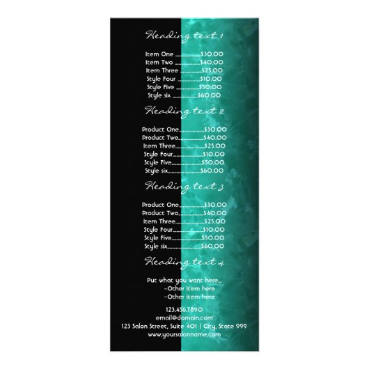 Trendy turquoise kapsalon prijslijst rack kaart (Achterkant)