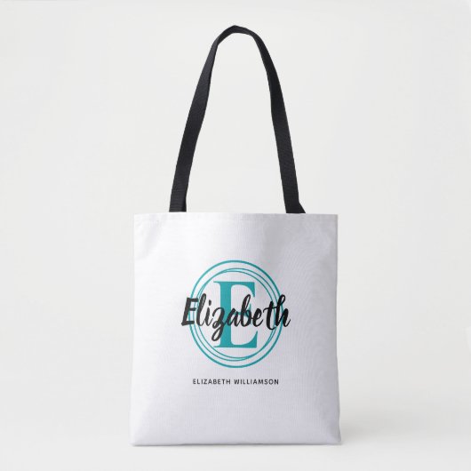 Trendy Turquoise Monogram Initiaal Script Naam Tote Bag (Voorkant)